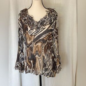 Blouse brown and tan with fringe around neck and wrists 
size L